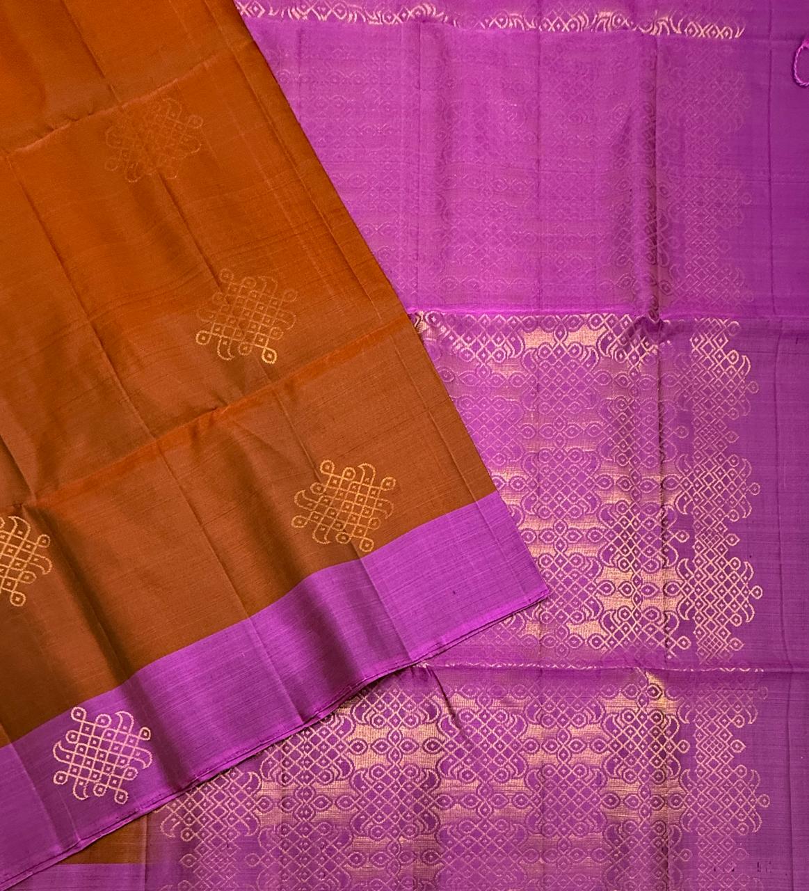 VSCB616 - rust orange color body , violet color pallu , blouse - Pure silk saree