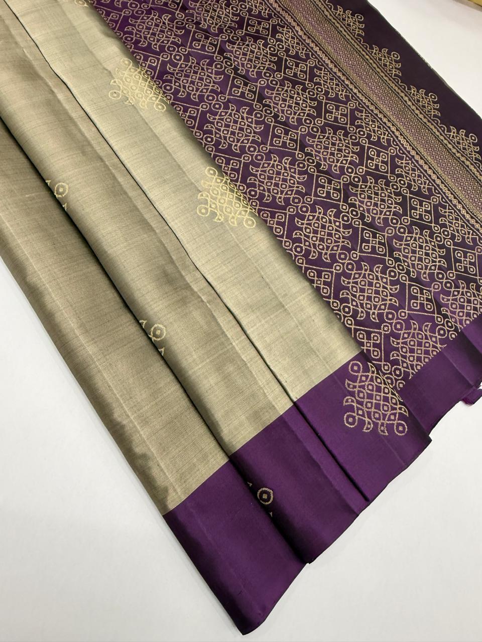 VSCB620 - grey color body , dark purple color pallu , blouse - Pure silk saree