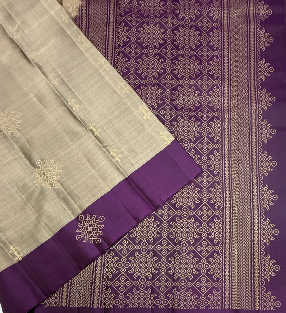 VSCB620 - grey color body , dark purple color pallu , blouse - Pure silk saree