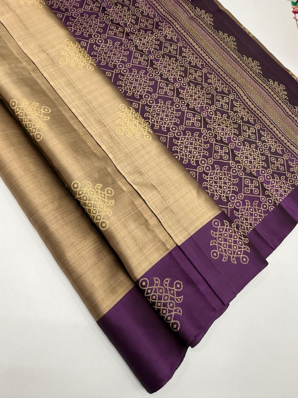 VSCB622 - sandal with black color body , dark purple color pallu , blouse - Pure silk saree
