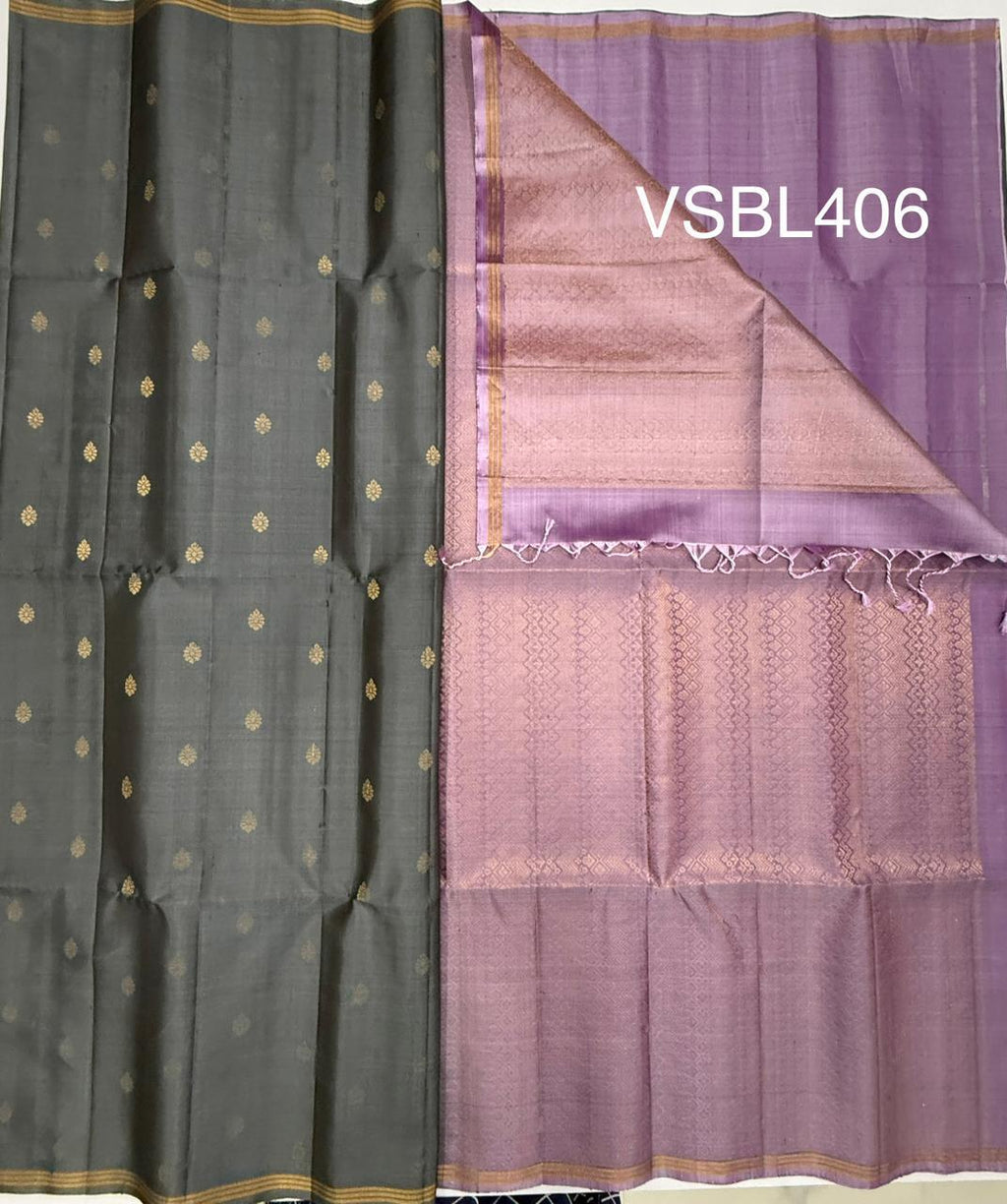 VSBL406 - dark grey color body , lavender color pallu , blouse - Pure silk saree
