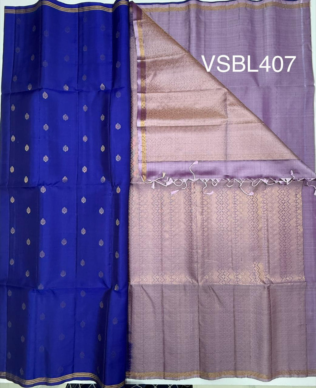 VSBL407 - royal blue color body , lavender color pallu , blouse - Pure silk saree