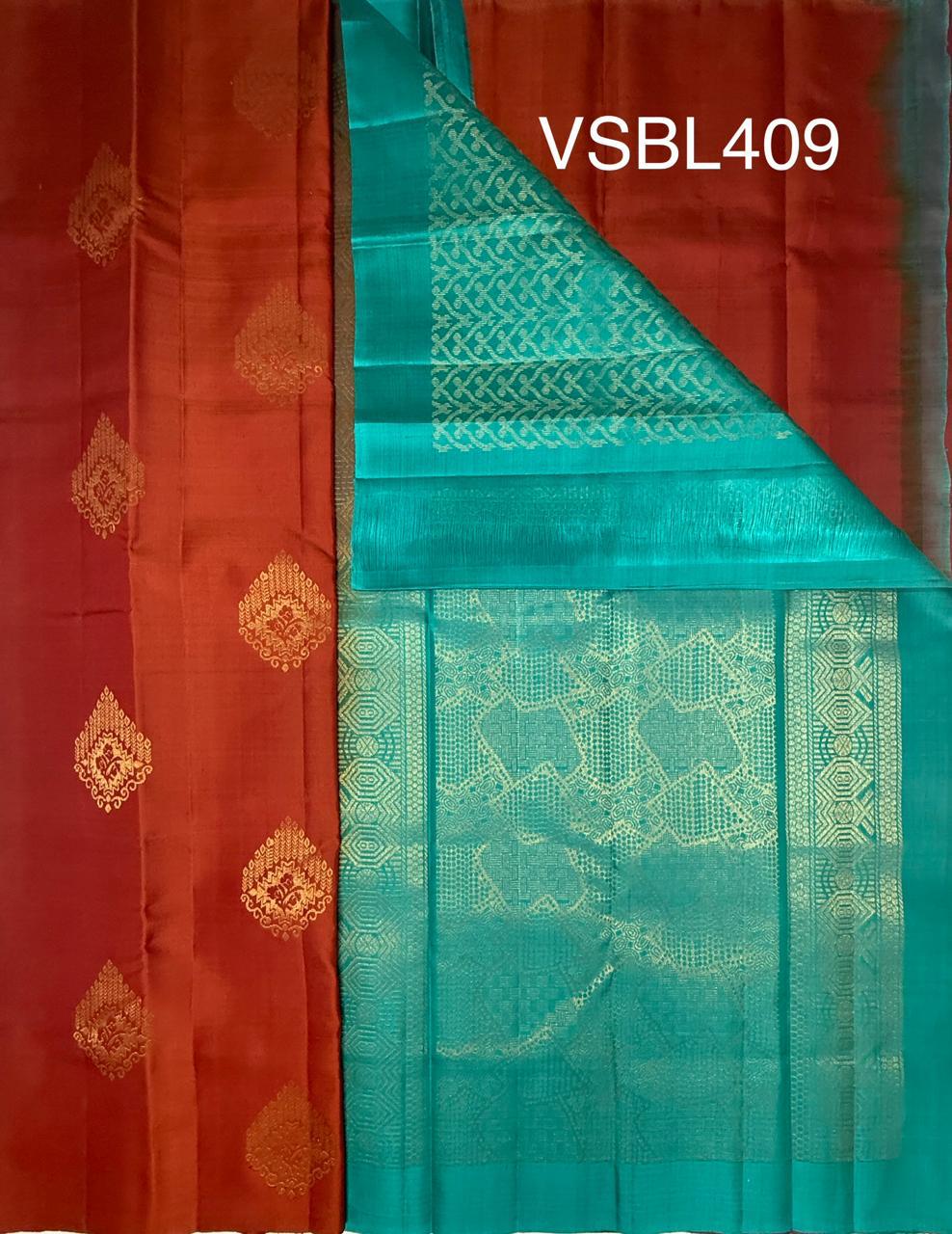 VSBL409 - rust orange color body , sea blue color pallu , blouse - Pure silk saree