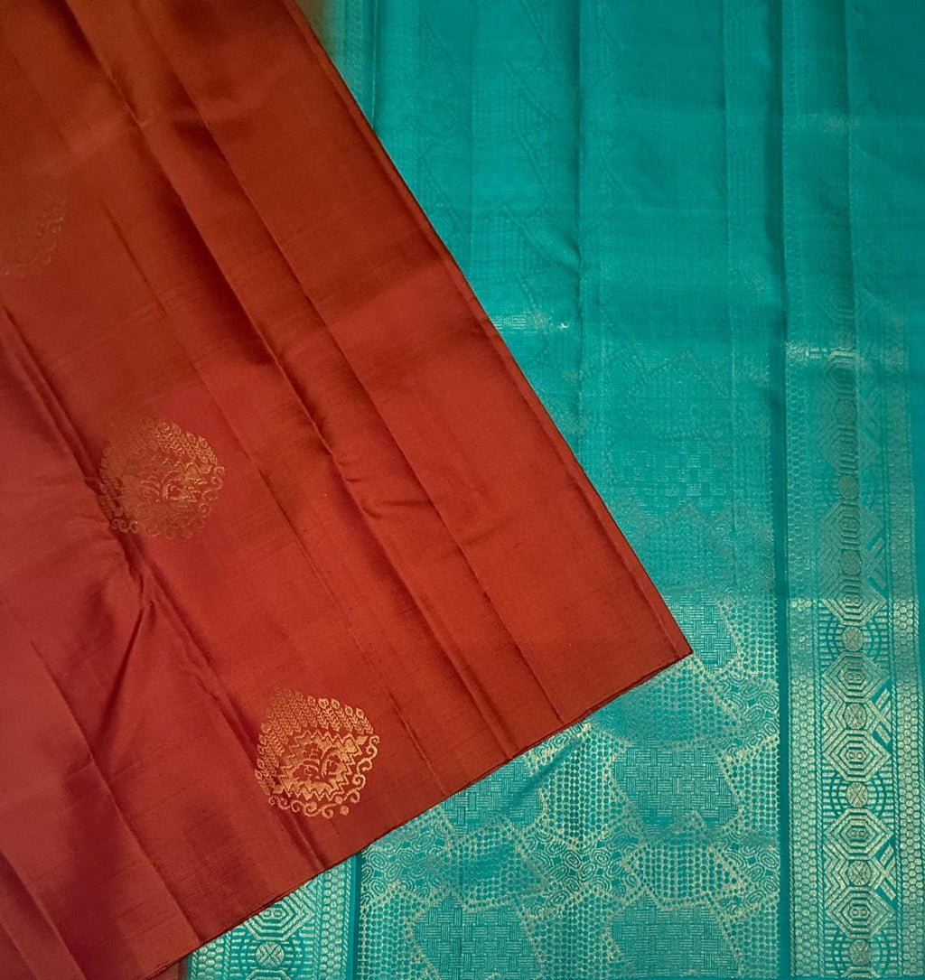 VSBL409 - rust orange color body , sea blue color pallu , blouse - Pure silk saree