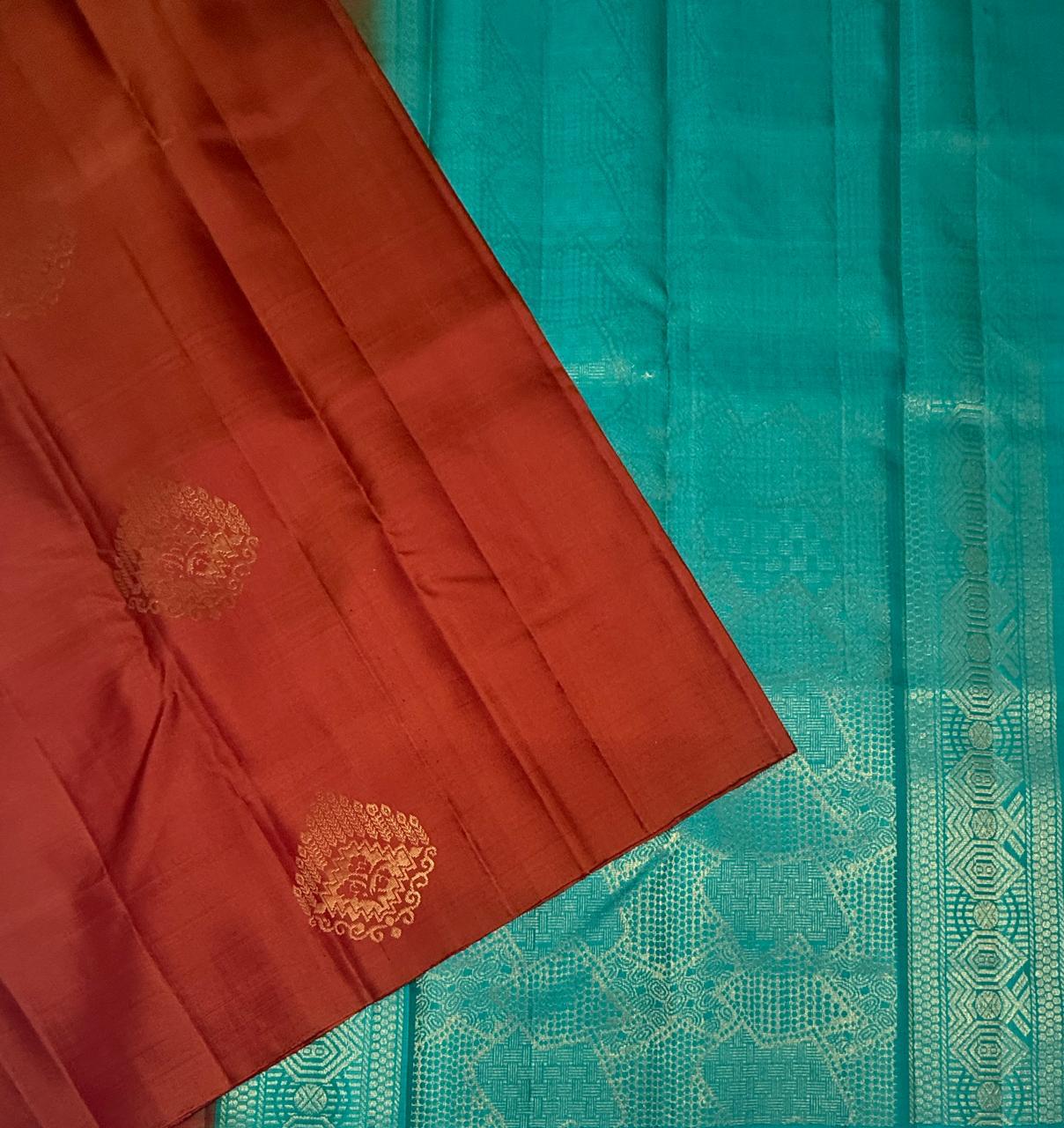 VSBL409 - rust orange color body , sea blue color pallu , blouse - Pure silk saree