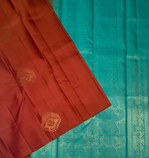 VSBL409 - rust orange color body , sea blue color pallu , blouse - Pure silk saree