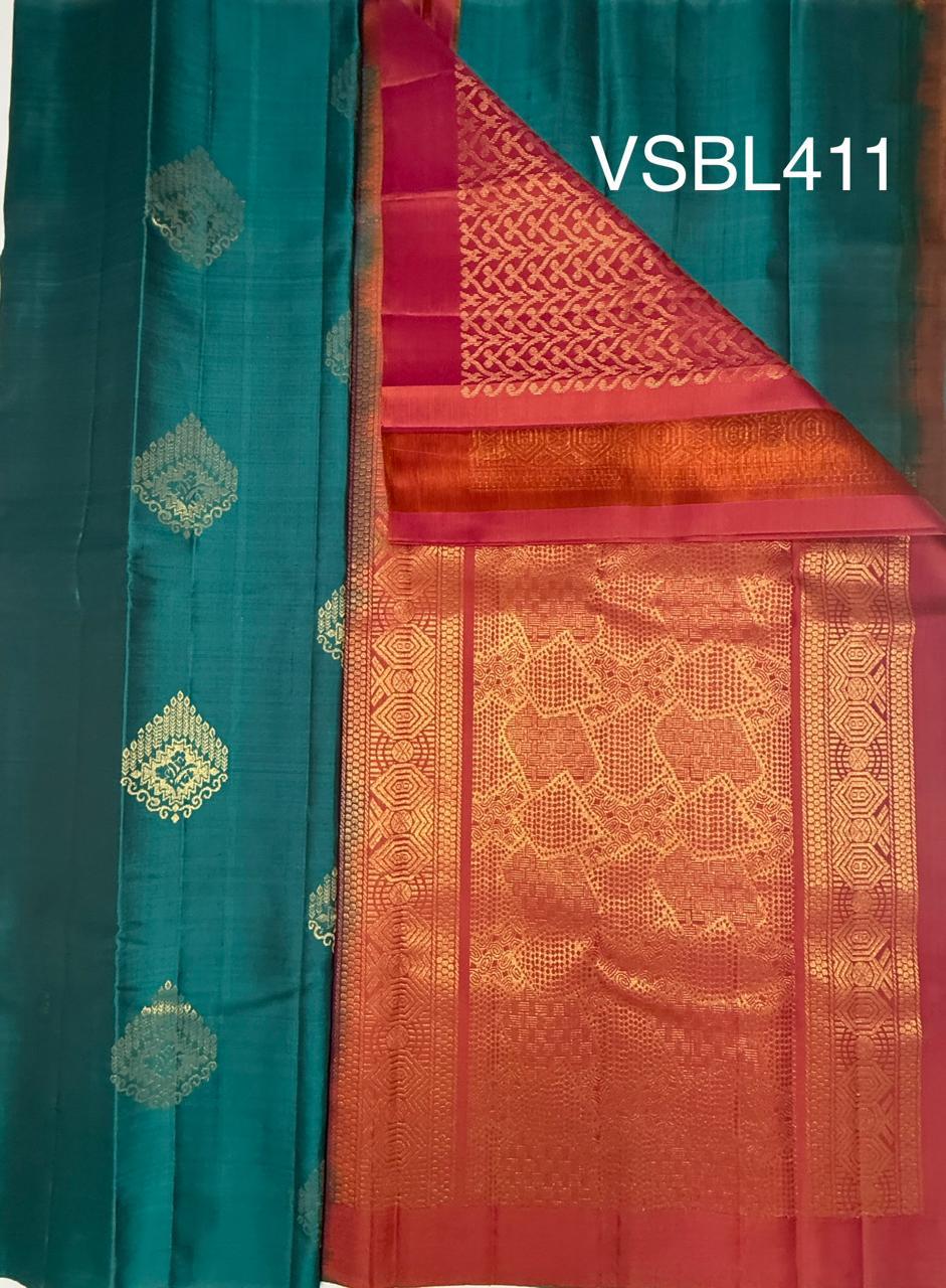 VSBL411 - peacock green color body , dual pink color pallu , blouse - Pure silk saree