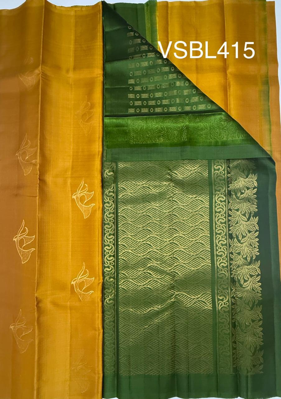 VSBL415 - mustard color body , green color pallu , blouse - Pure silk saree