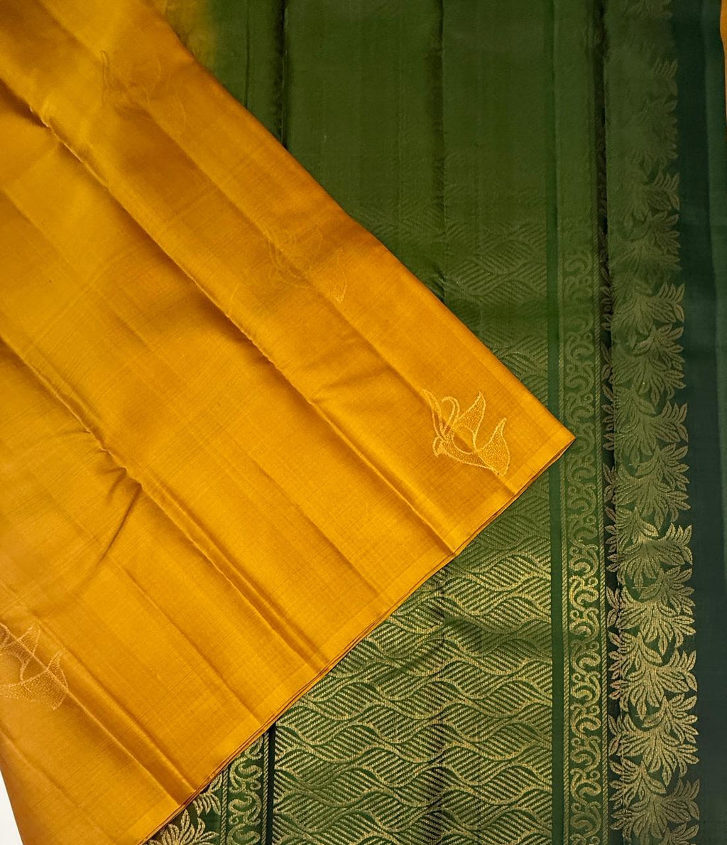 VSBL415 - mustard color body , green color pallu , blouse - Pure silk saree