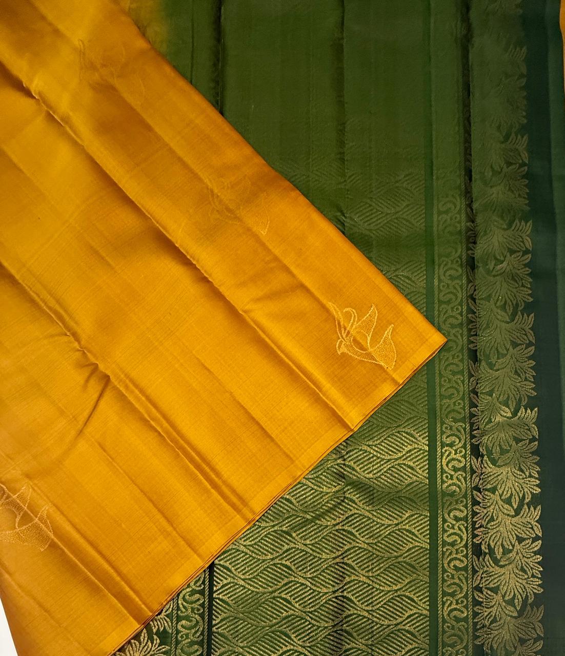VSBL415 - mustard color body , green color pallu , blouse - Pure silk saree