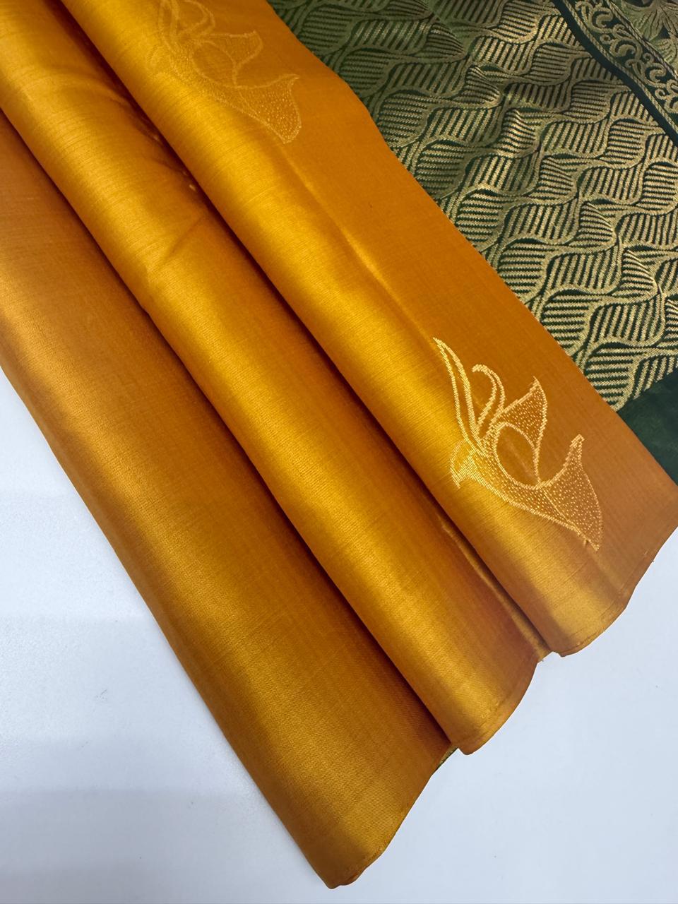 VSBL415 - mustard color body , green color pallu , blouse - Pure silk saree