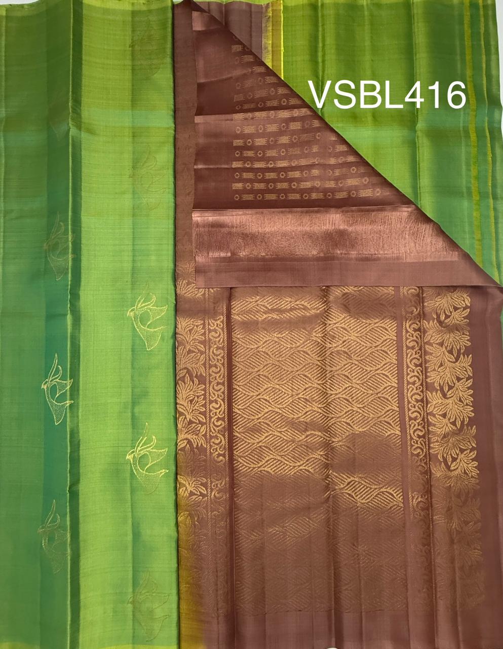 VSBL416 - dual green color body , onion pink color pallu , blouse - Pure silk saree