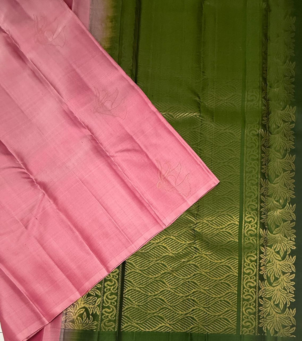 VSBL417 - pink color body , green color pallu , blouse - Pure silk saree