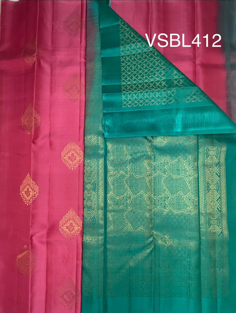 VSBL412 - lotus pink color body , sea blue color pallu , blouse - Pure silk saree