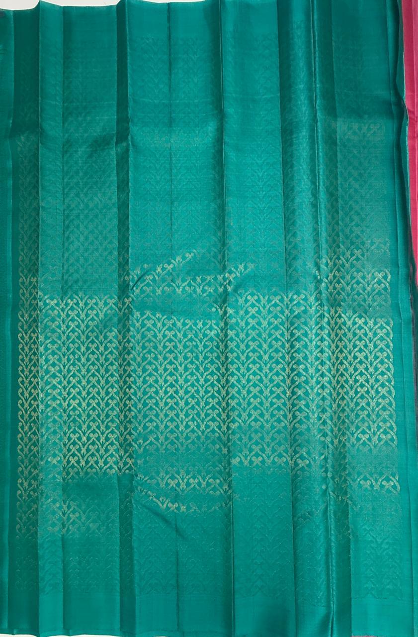 VSBL412 - lotus pink color body , sea blue color pallu , blouse - Pure silk saree