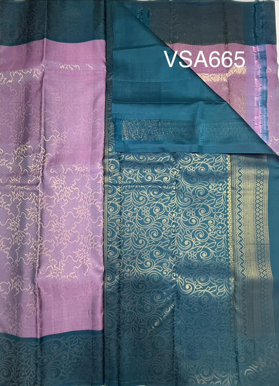 VSA665 - lavender color body , peacock blue color pallu , blouse pure silk saree