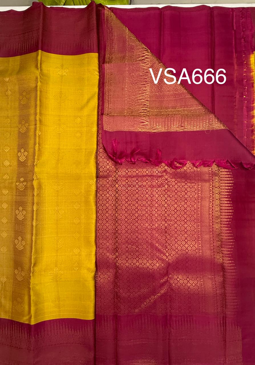 VSA666 - mustard color body , magenta color pallu , blouse pure silk saree