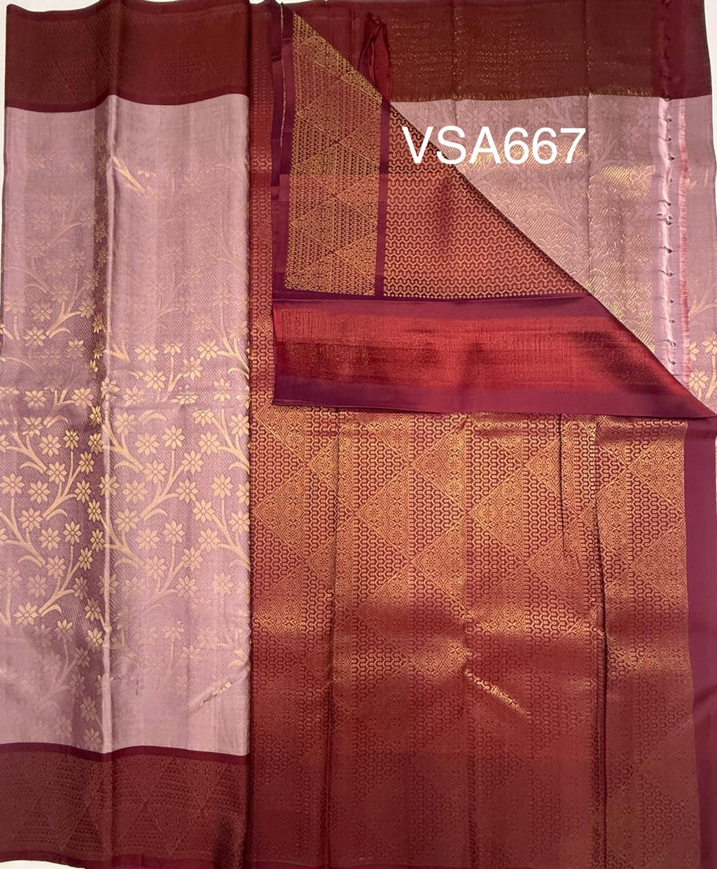 VSA667 - pastel lavender color body , dark purple color pallu , blouse pure silk saree