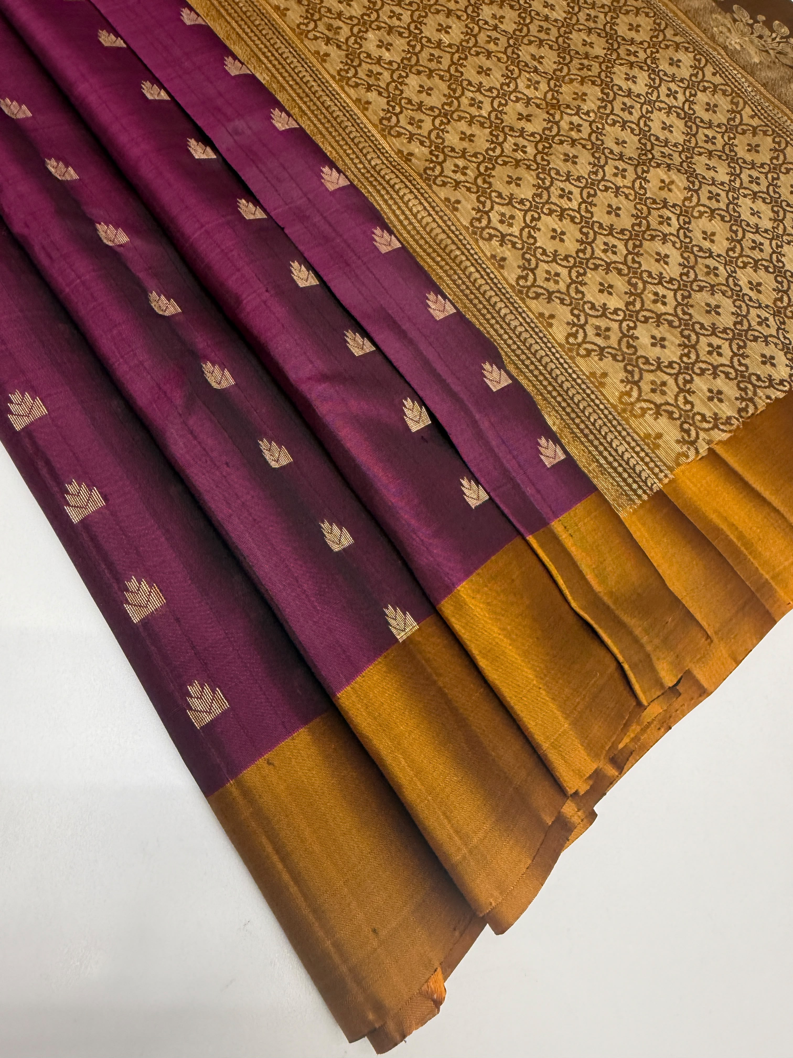 VSOH443 - purple color body , mustard color pallu , blouse - Pure silk saree