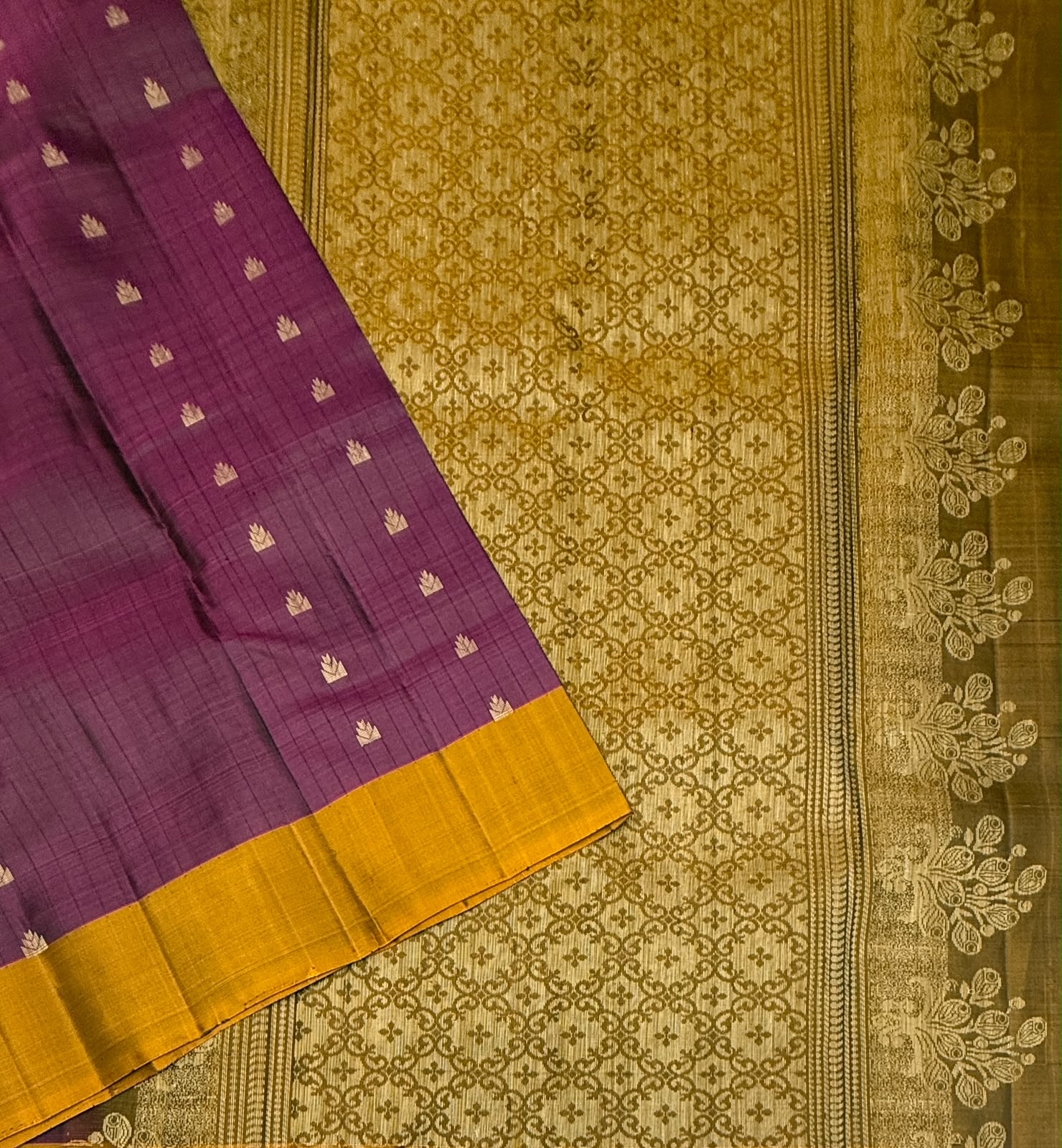 VSOH443 - purple color body , mustard color pallu , blouse - Pure silk saree
