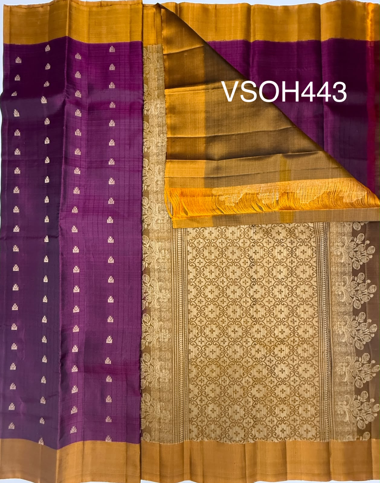VSOH443 - purple color body , mustard color pallu , blouse - Pure silk saree