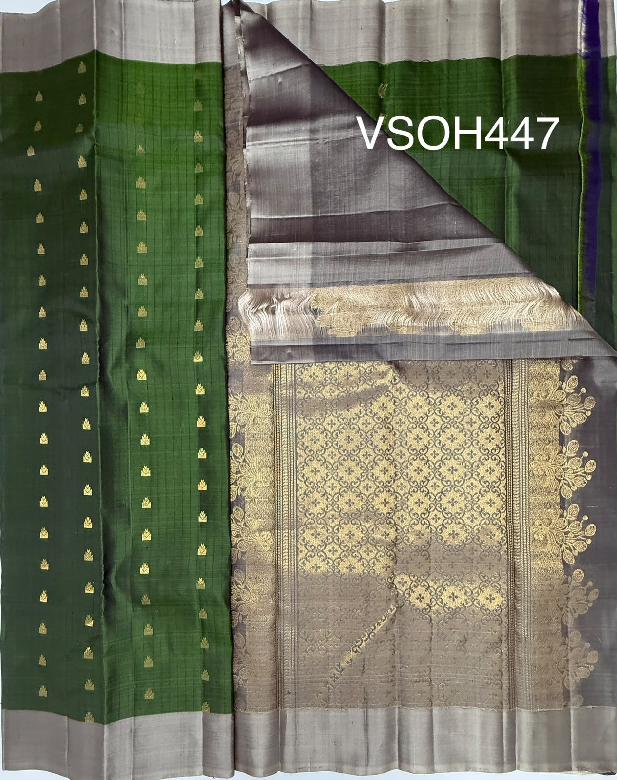 VSOH447 - olive green color body , grey color pallu , blouse - Pure silk saree