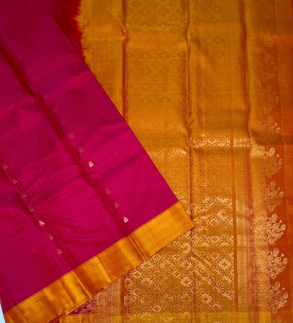 VSOH448 - pink color body , yellow color pallu , blouse - Pure silk saree