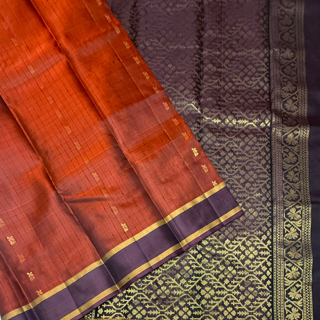 VSOH453 - honey brown color body , dark purple color pallu , blouse - Pure silk saree