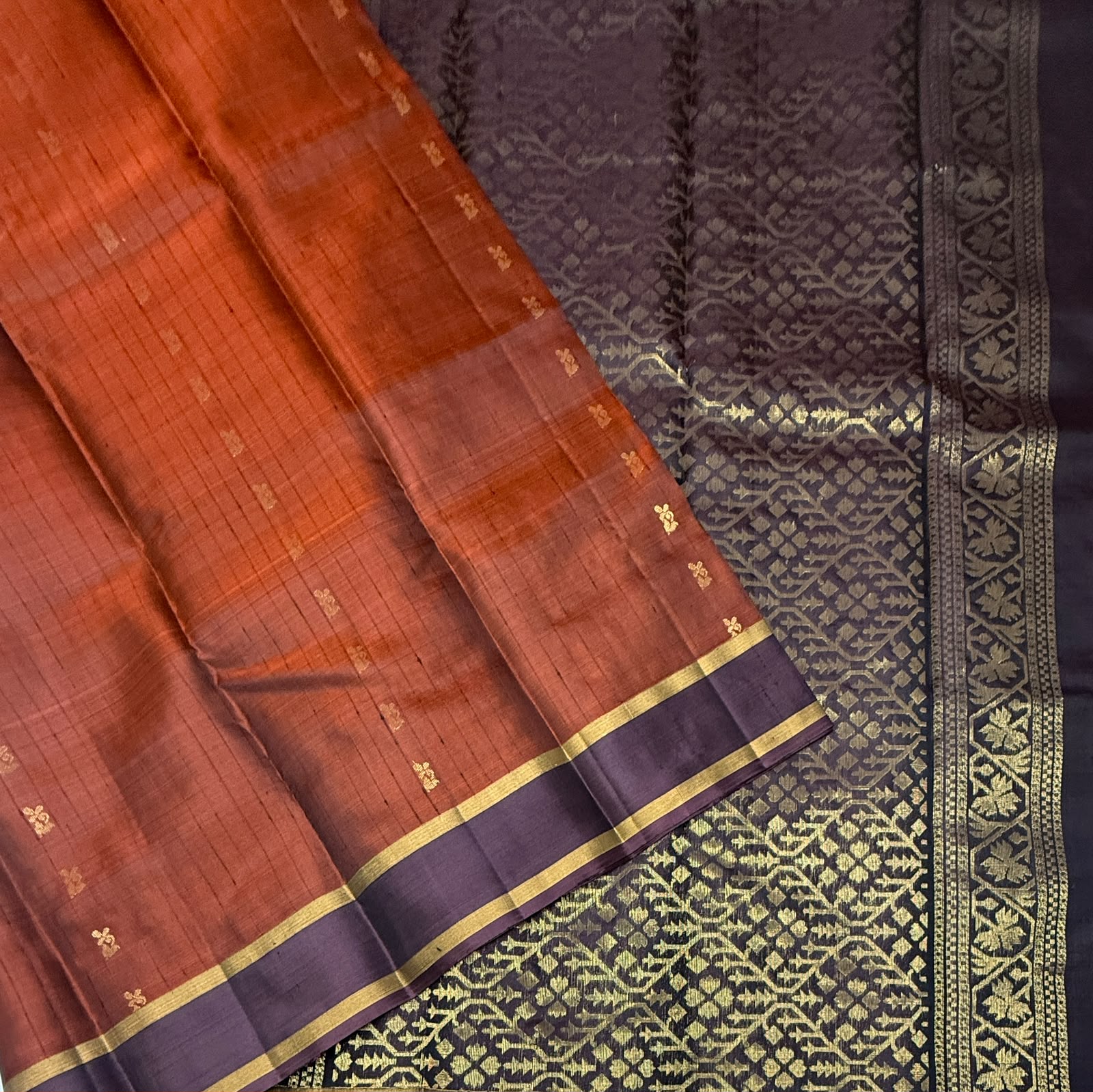 VSOH453 - honey brown color body , dark purple color pallu , blouse - Pure silk saree