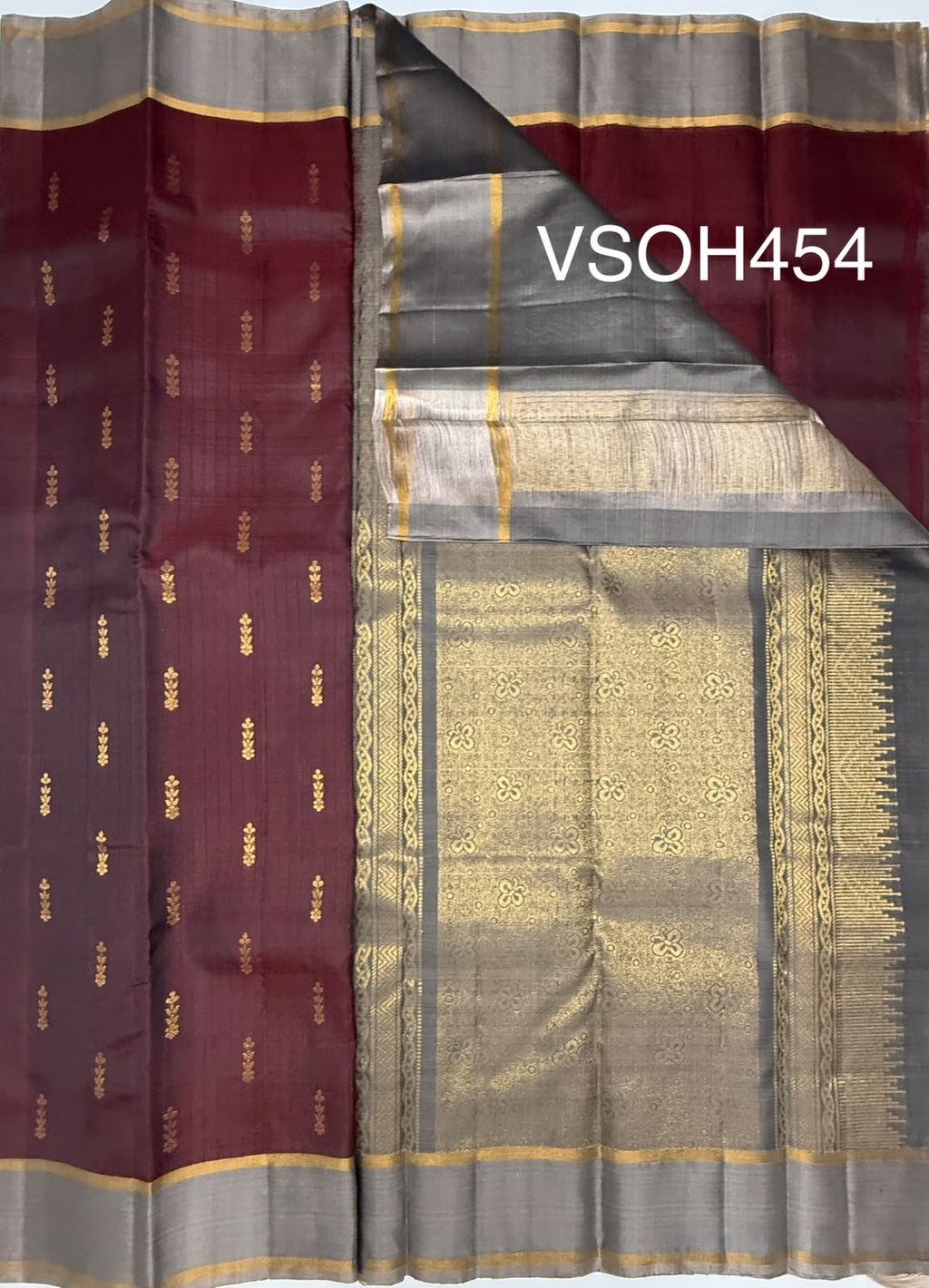 VSOH454 - maroon color body , grey color pallu , blouse - Pure silk saree