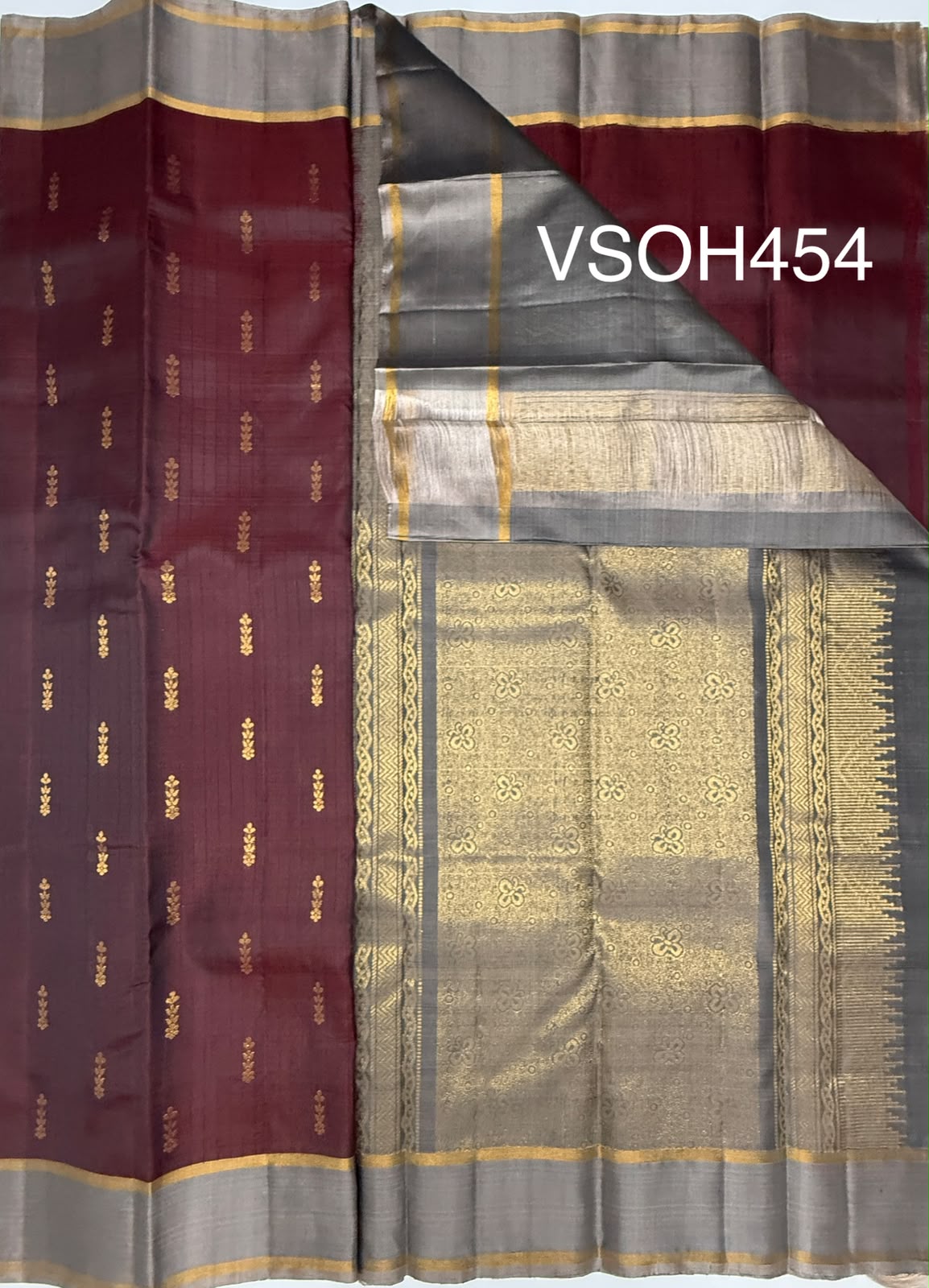 VSOH454 - maroon color body , grey color pallu , blouse - Pure silk saree