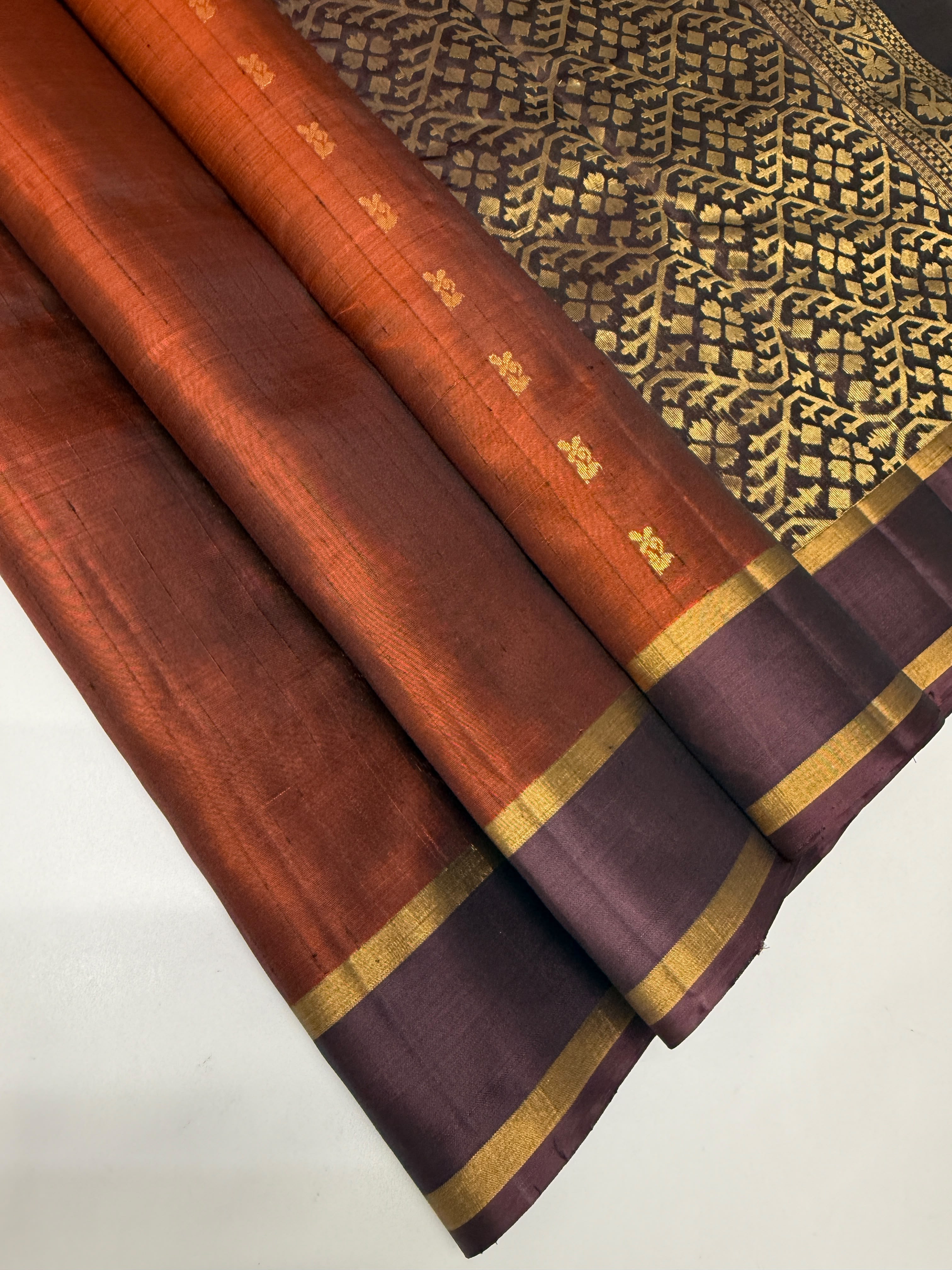 VSOH453 - honey brown color body , dark purple color pallu , blouse - Pure silk saree