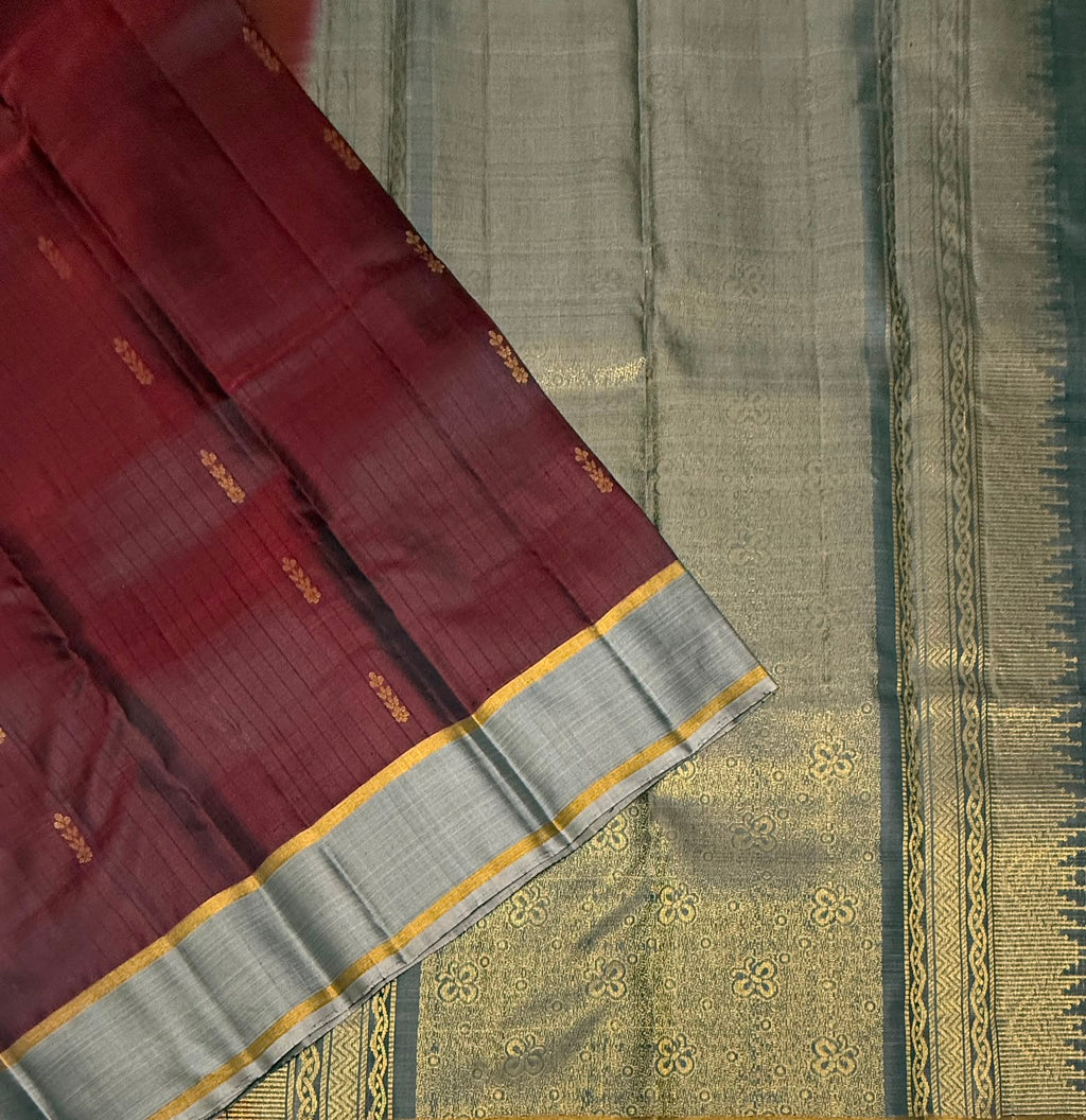 VSOH454 - maroon color body , grey color pallu , blouse - Pure silk saree