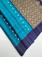 VSOH455 - peacock blue color body , navy blue color pallu , blouse - Pure silk saree