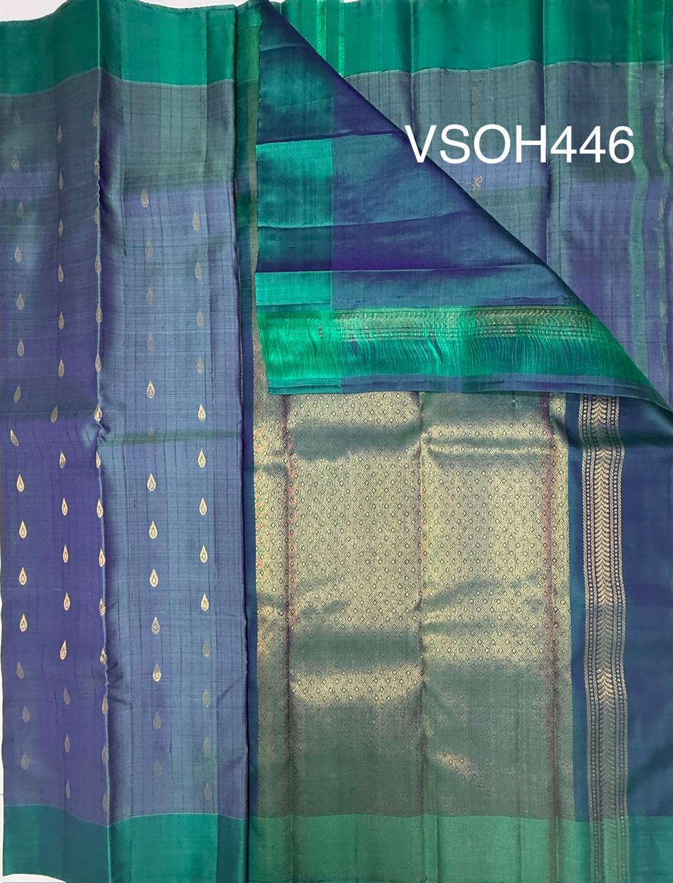 VSOH446 - pastel blue color body , dual green color pallu , blouse - Pure silk saree