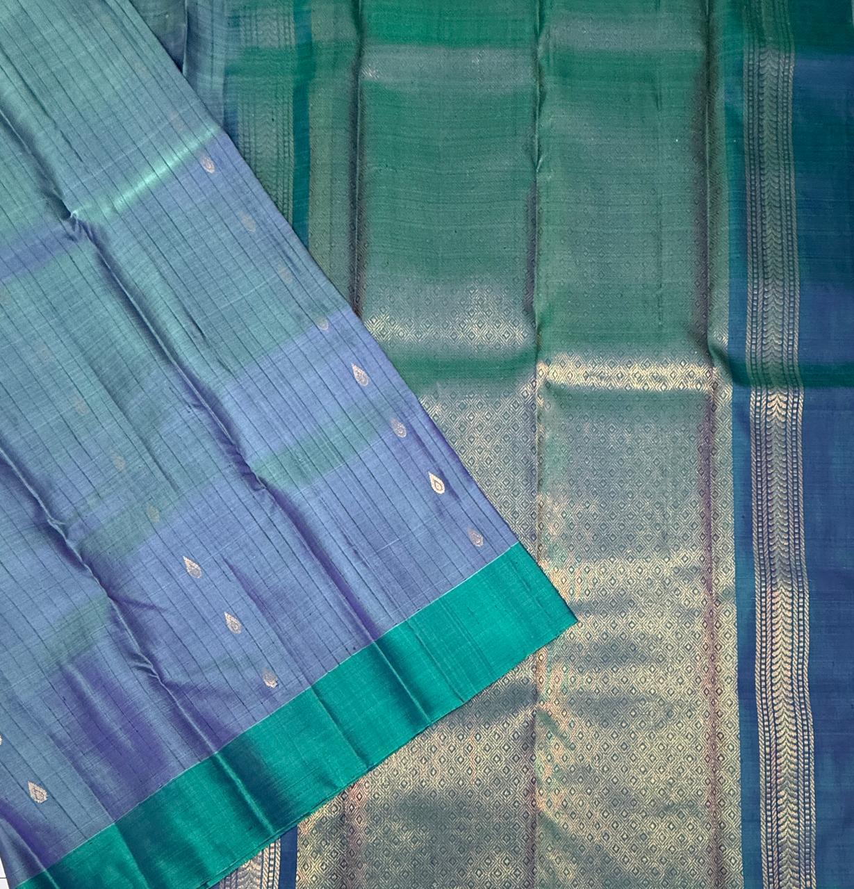 VSOH446 - pastel blue color body , dual green color pallu , blouse - Pure silk saree