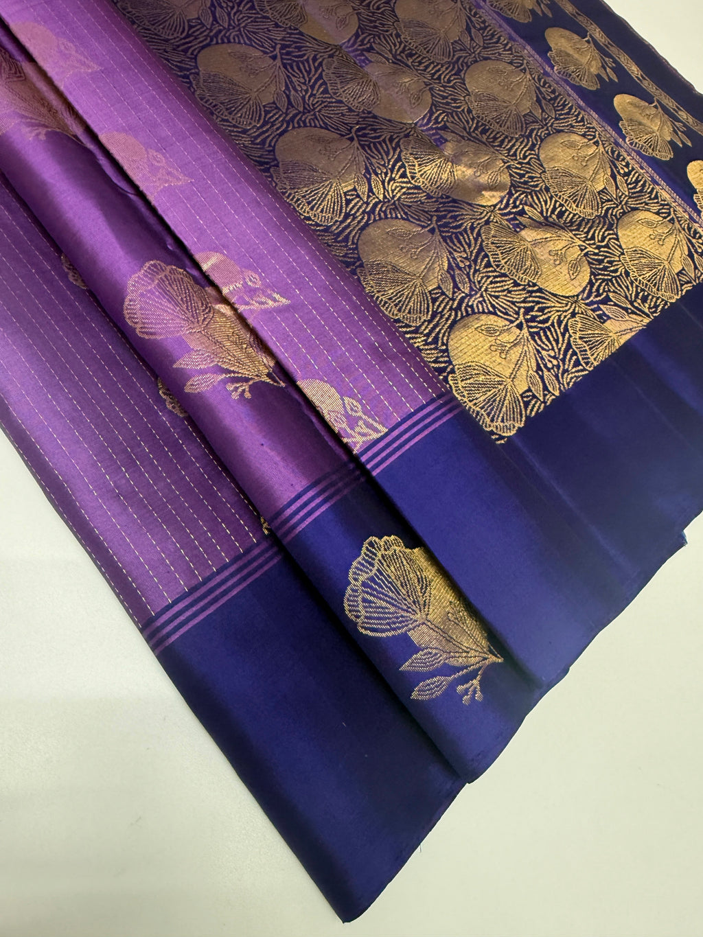 VSF1036 - lavender color body , ink blue color pallu,blouse - Pure silk saree