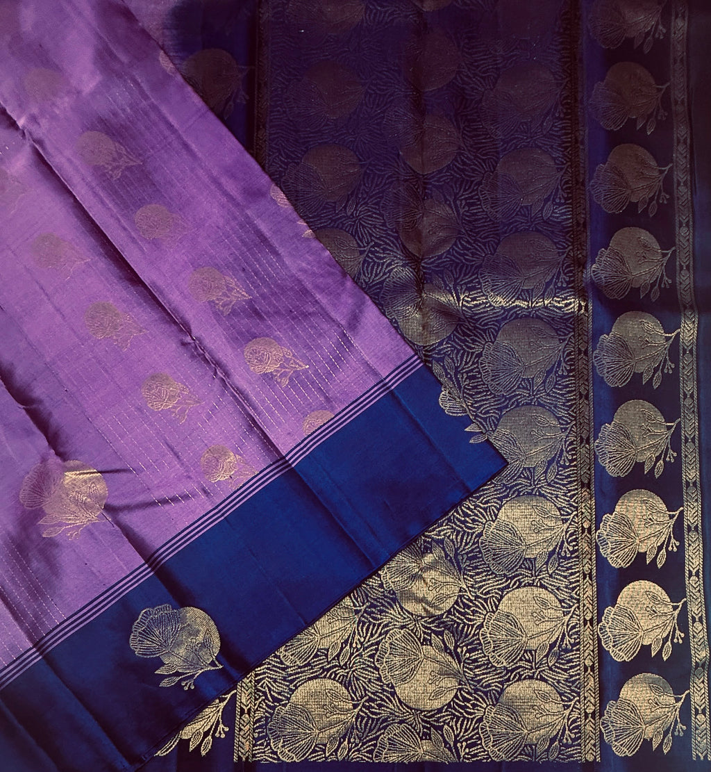 VSF1036 - lavender color body , ink blue color pallu,blouse - Pure silk saree