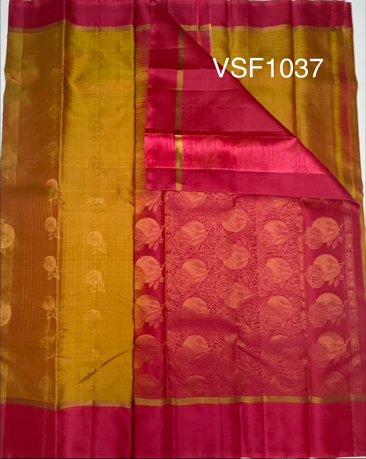 VSF1037 - mustard color body , pink color pallu,blouse - Pure silk saree