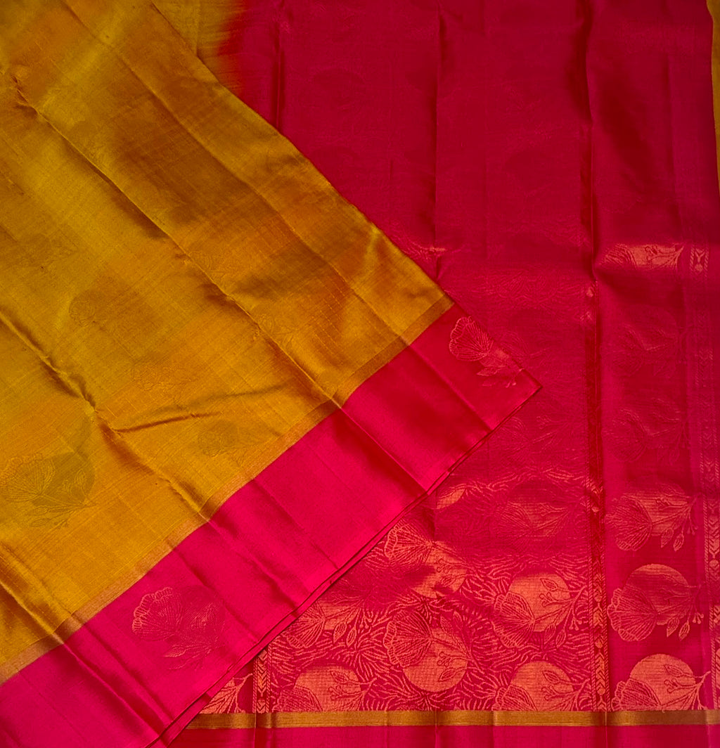 VSF1037 - mustard color body , pink color pallu,blouse - Pure silk saree