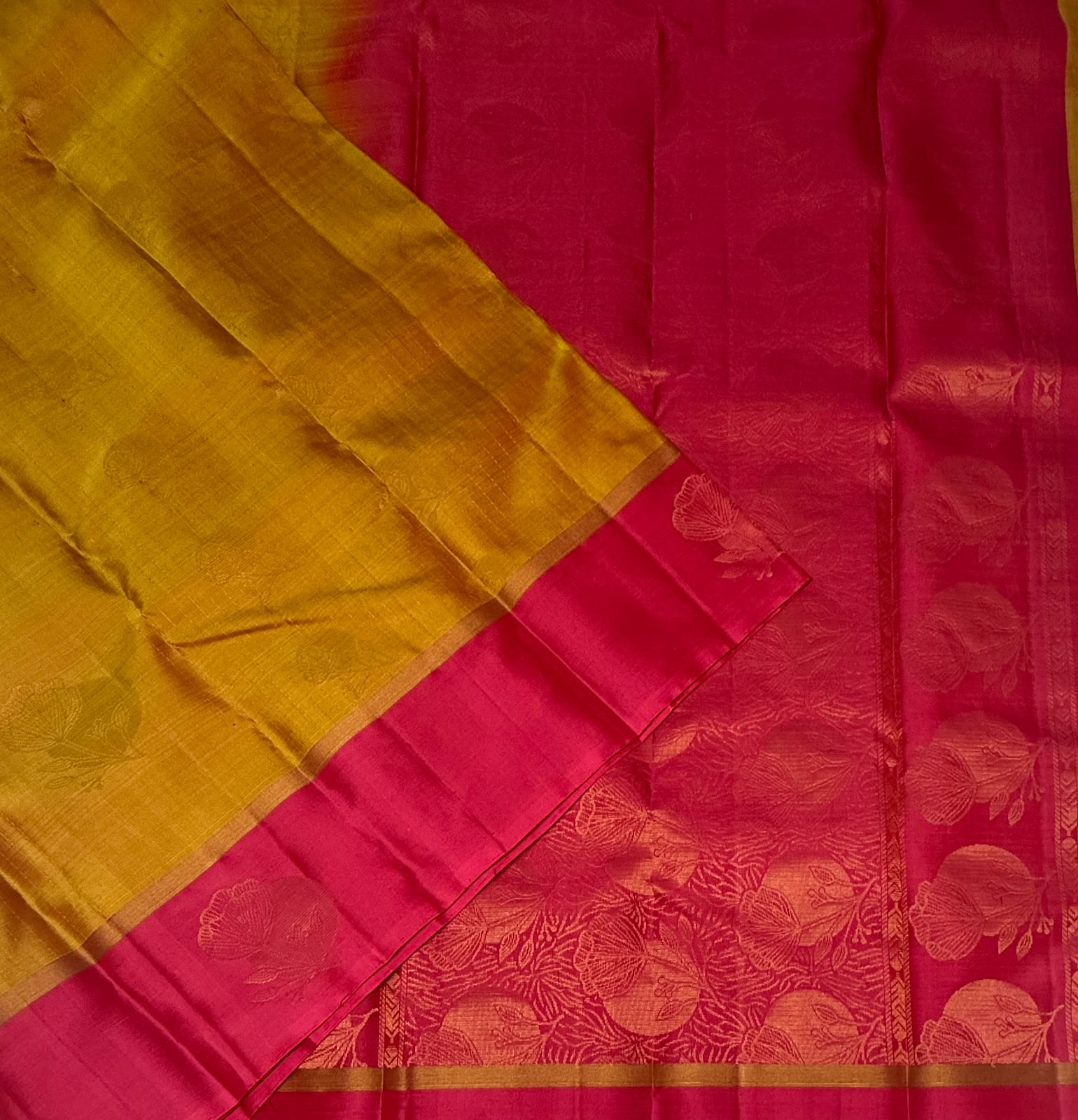 VSF1037 - mustard color body , pink color pallu,blouse - Pure silk saree