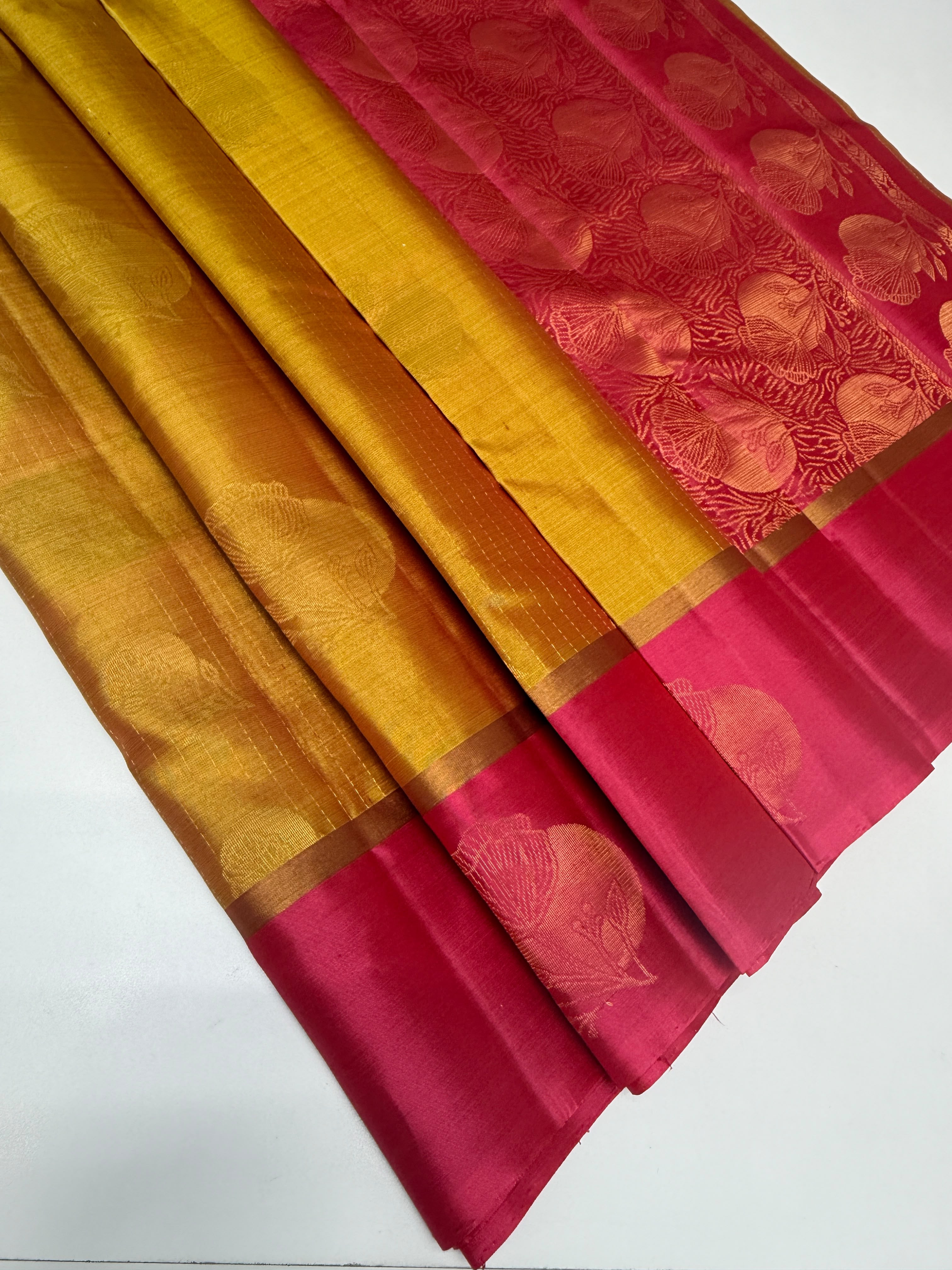 VSF1037 - mustard color body , pink color pallu,blouse - Pure silk saree