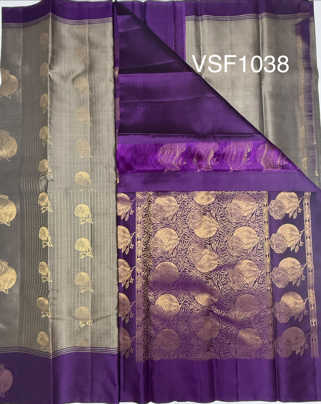 VSF1038 - grey color body ,violet color pallu,blouse - Pure silk saree