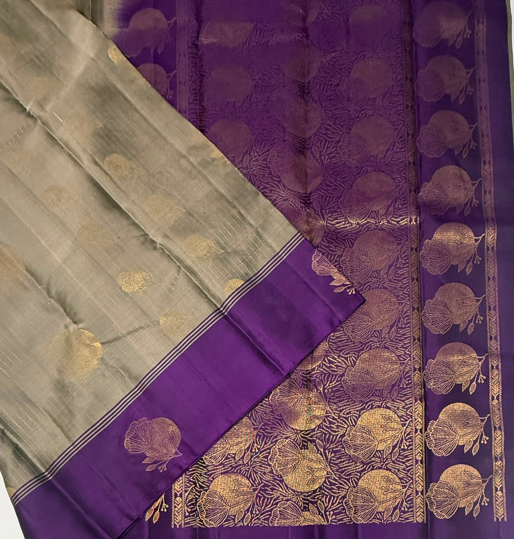 VSF1038 - grey color body ,violet color pallu,blouse - Pure silk saree