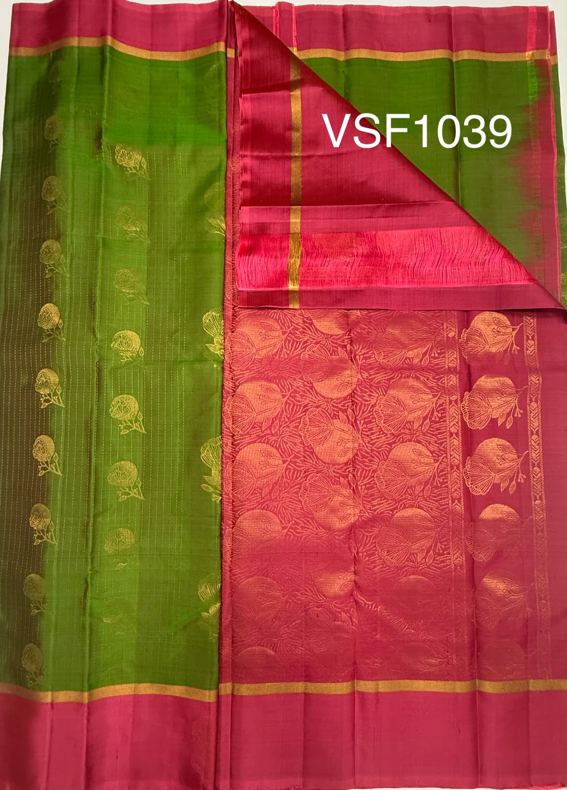 VSF1039 - olive green color body ,pink color pallu,blouse - Pure silk saree