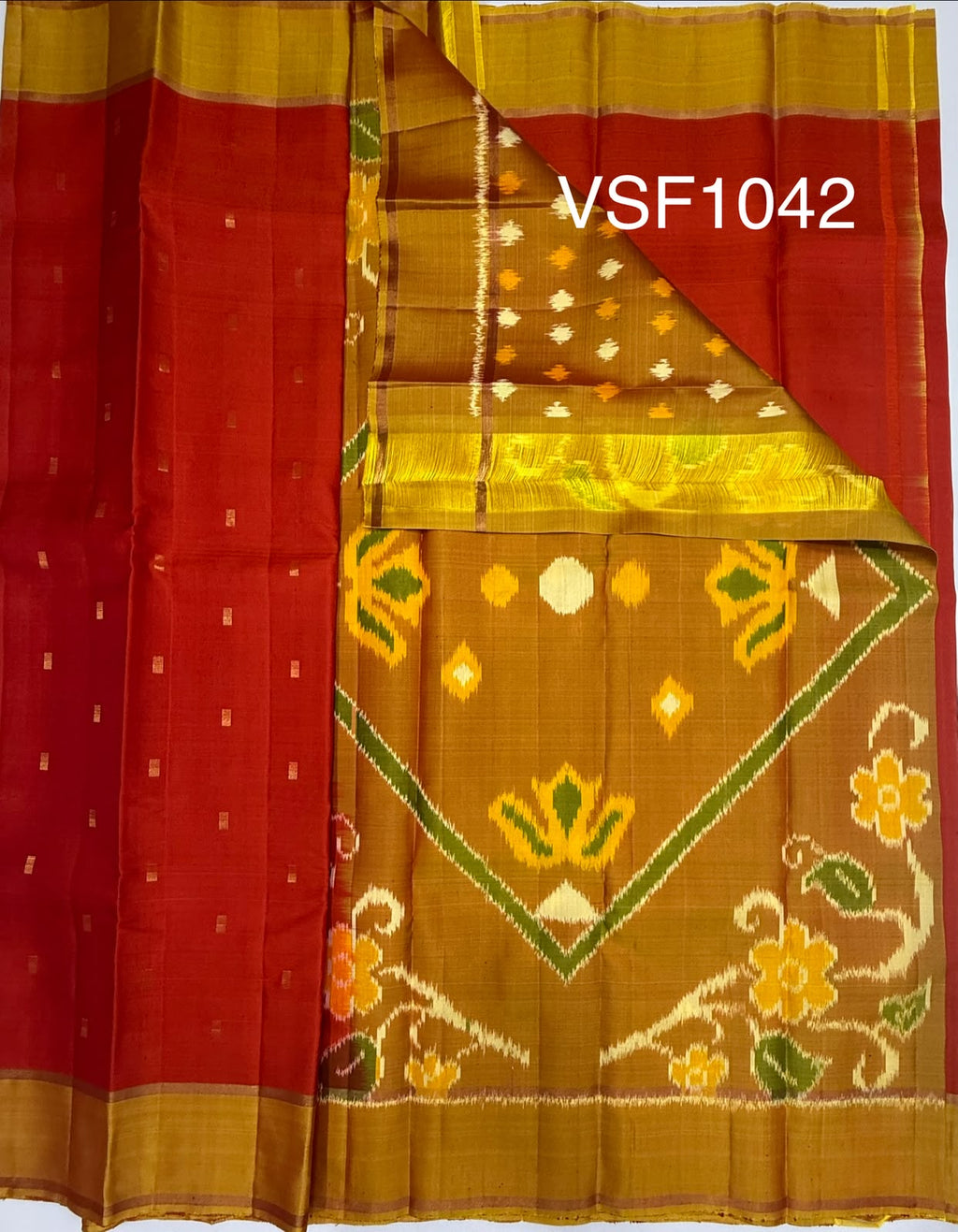 VSF1042 - orange color body ,yellow color pallu,blouse - Pure silk saree