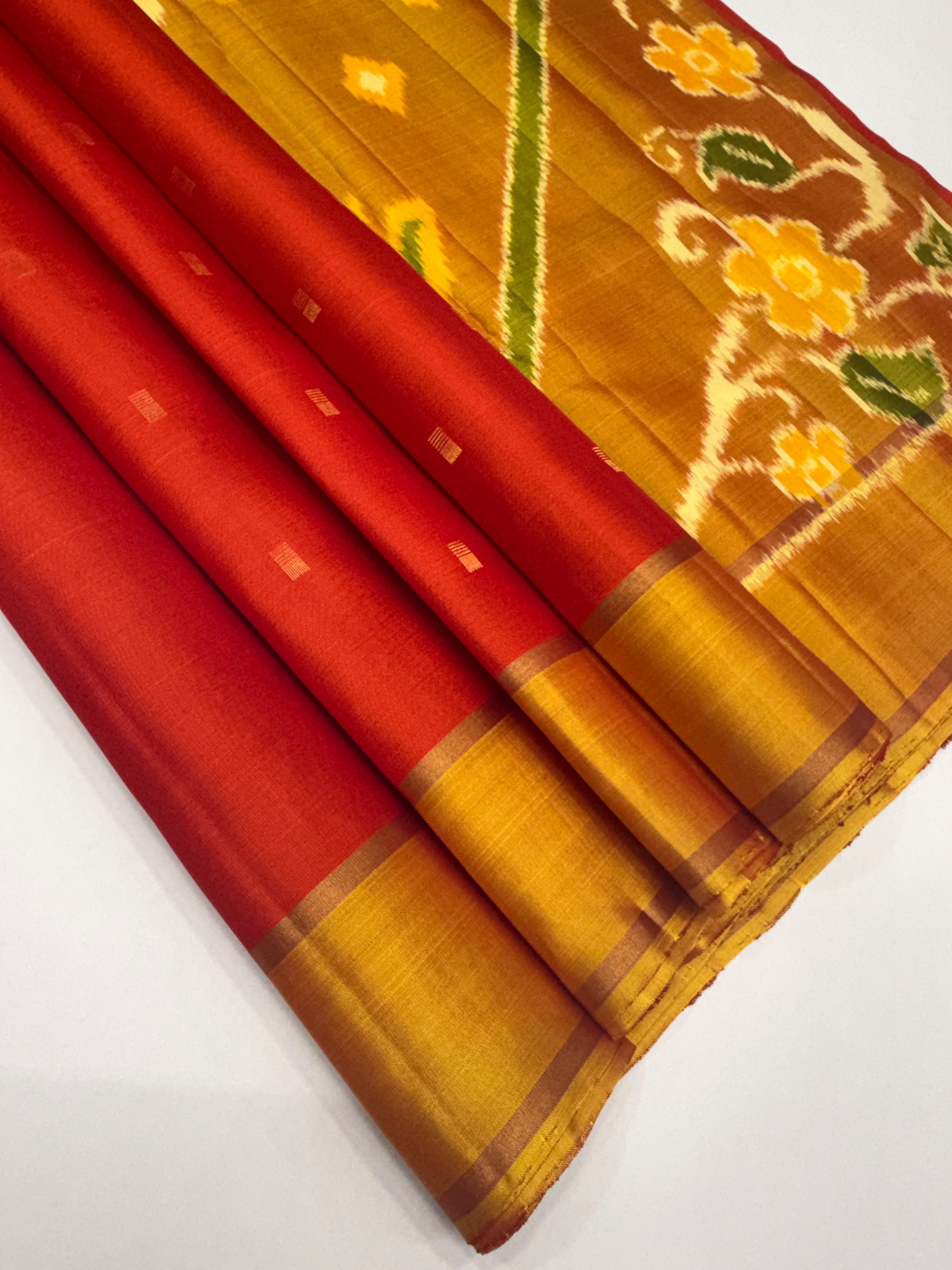 VSF1042 - orange color body ,yellow color pallu,blouse - Pure silk saree