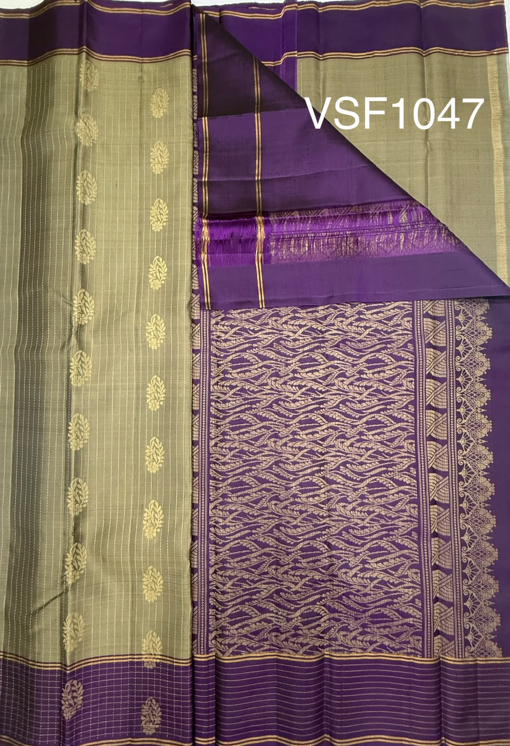 VSF1047 - grey color body , violet color pallu,blouse - Pure silk saree