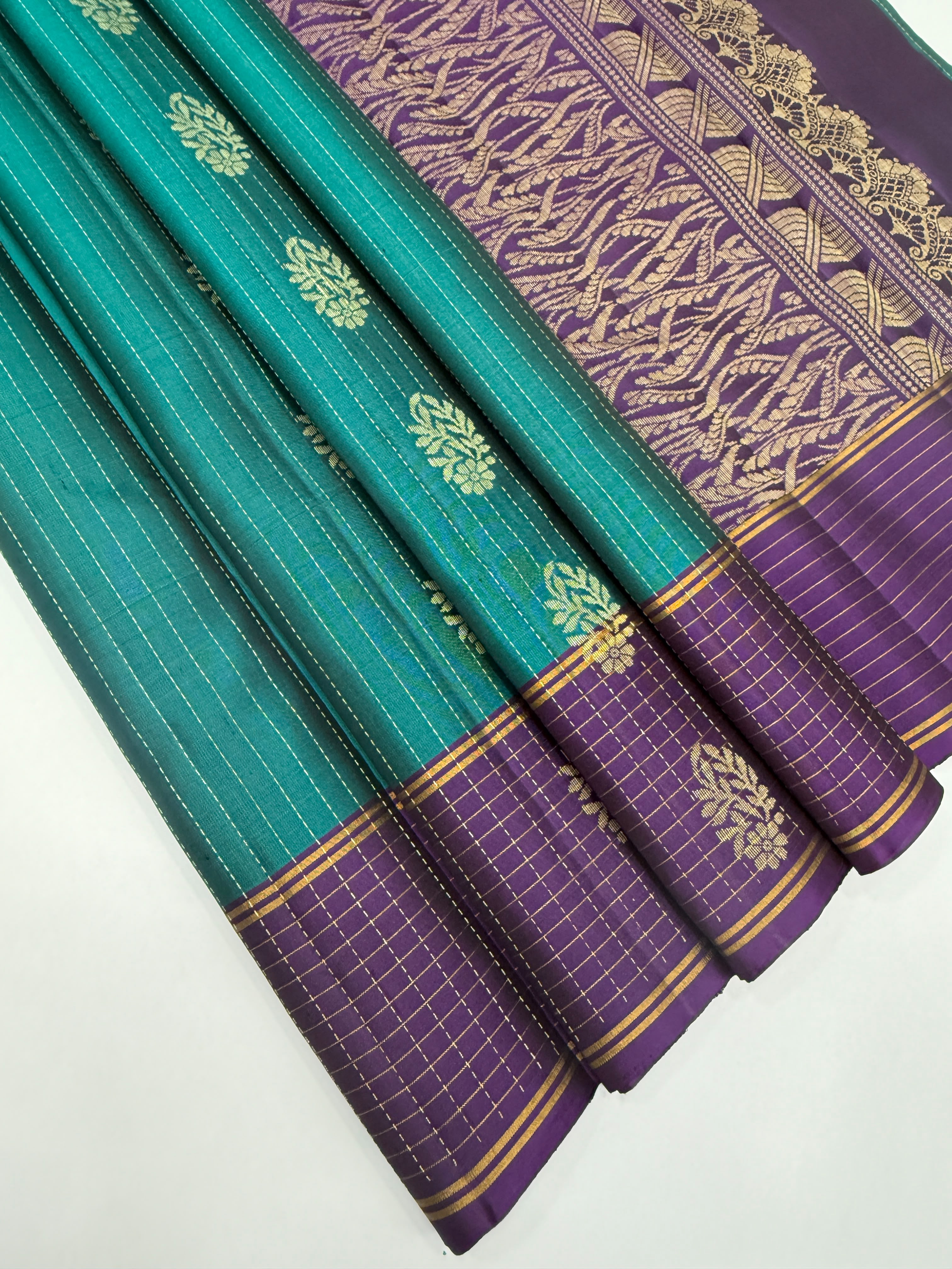 VSF1048 - peacock blue color body , violet color pallu,blouse - Pure silk saree