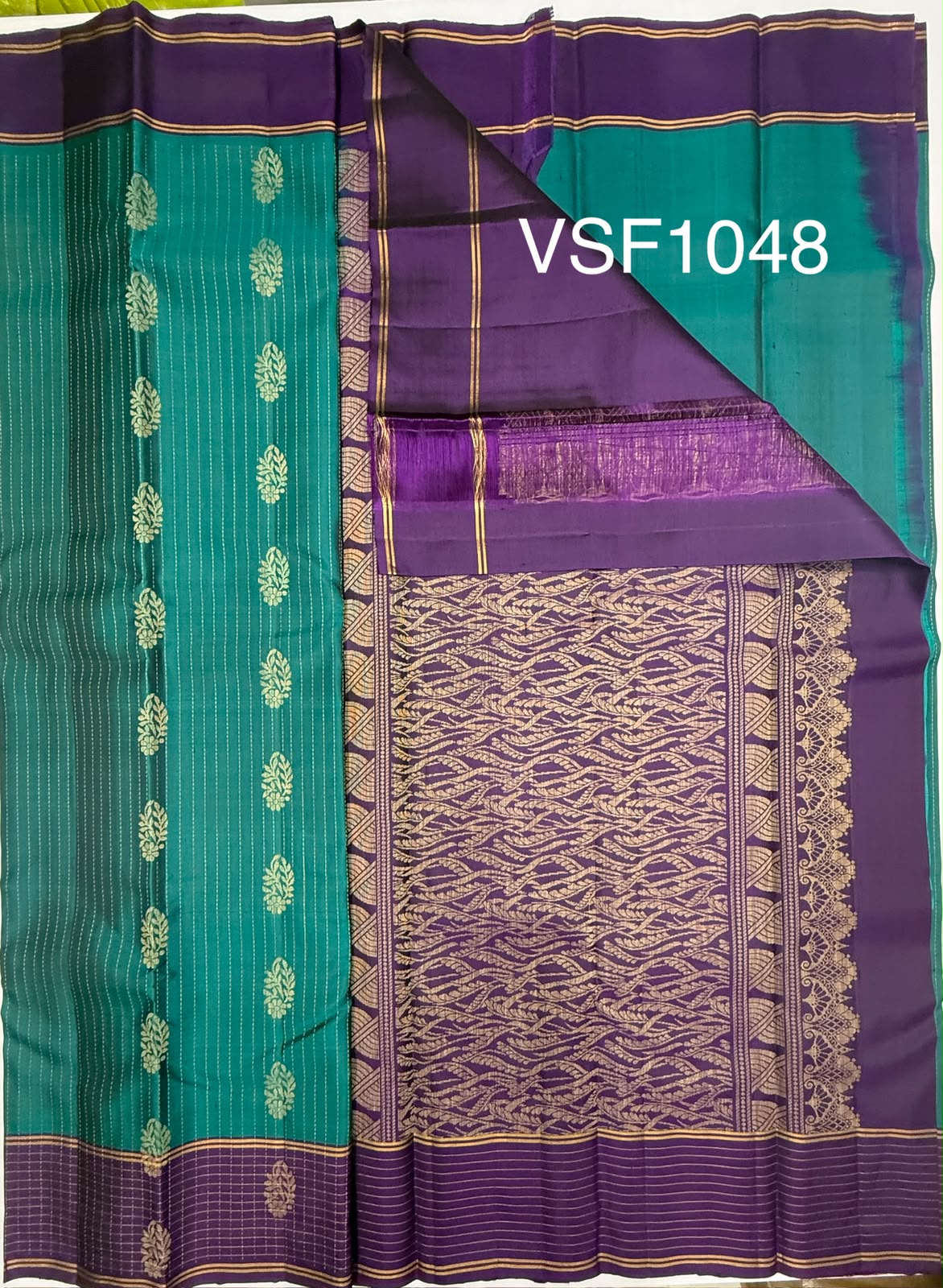 VSF1048 - peacock blue color body , violet color pallu,blouse - Pure silk saree